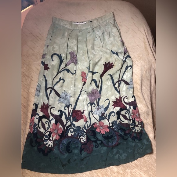 Vintage 100% Silk Floral Green Print Skirt - Umi Collection - Picture 1 of 9